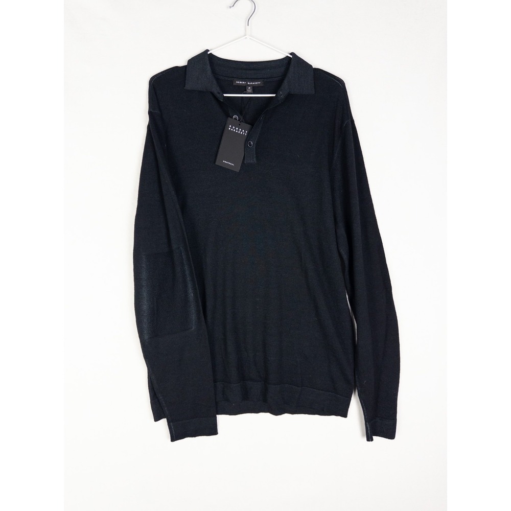 NWT Robert Barakett Polo Sweater Mens M Black Merino Wool‎ Elbow Patch Knit